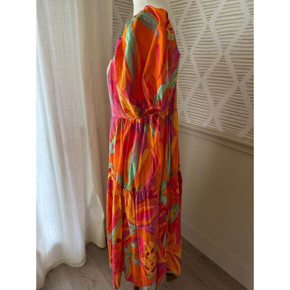 Crystal Sky Large Fruit Brush Floral Tiered Puff Short Sleeve Cotton Midi Dress - Picture 3 of 5